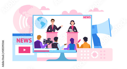 Online political news broadcasts, politicians speaking in public presenting their speech. Debates or interview translation. Virtual performance cartoon flat isolated illustration. Vector concept