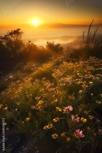 early spring sunset with small meadows flowers  generative ai