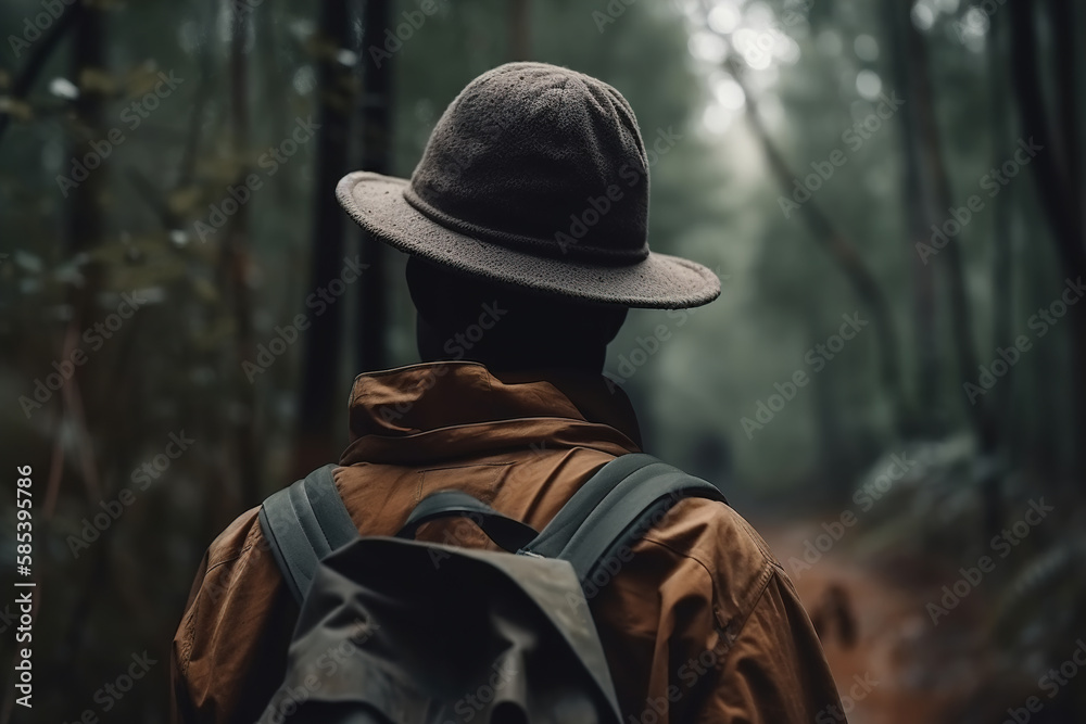 Rear view of black man in a hat with backpack in forest, traveler tourist in hike in nature. Travel, active lifestyle, tourism, trip concept. Generative AI