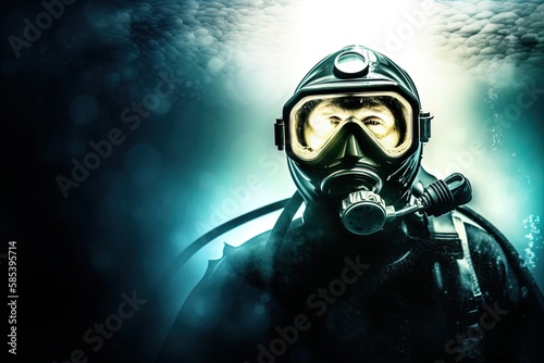 Deep sea diver. Underwater scene. Scuba. Pressure suit. 