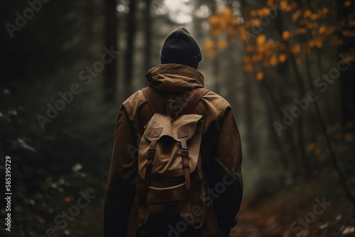 Travel, active lifestyle, tourism, trip concept. Rear view of man in hat, jacket and with backpack in forest, traveler tourist on hike in nature. Generative AI