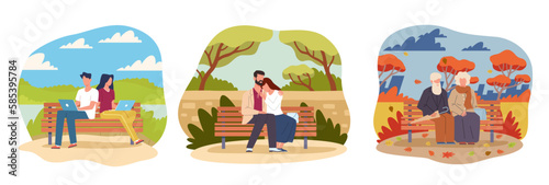 People of different ages sitting on park bench. Spring summer and autumn season. Happy family and couples young, mature and old outdoor walking. Cartoon flat illustration. Vector set