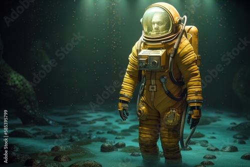 Deep sea diver. Underwater scene. Scuba. Pressure suit. 