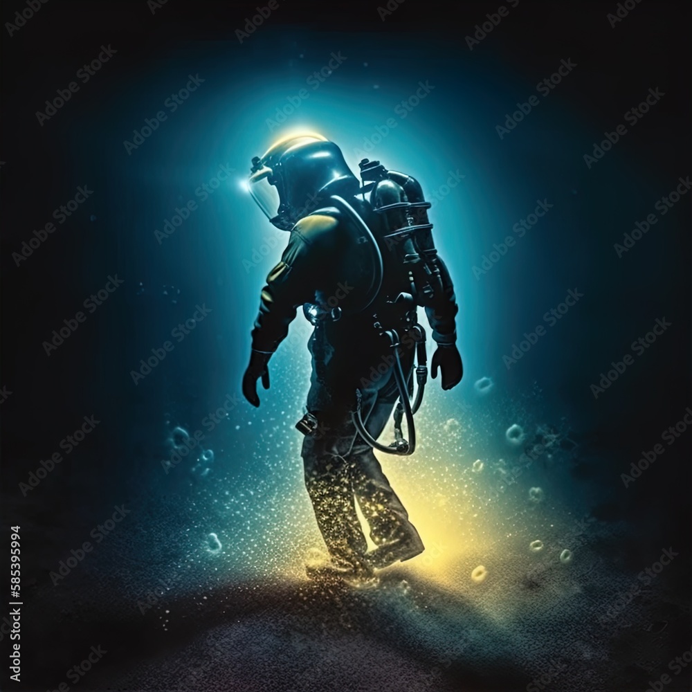 Fototapeta premium Deep sea diver. Underwater scene. Scuba. Pressure suit. 