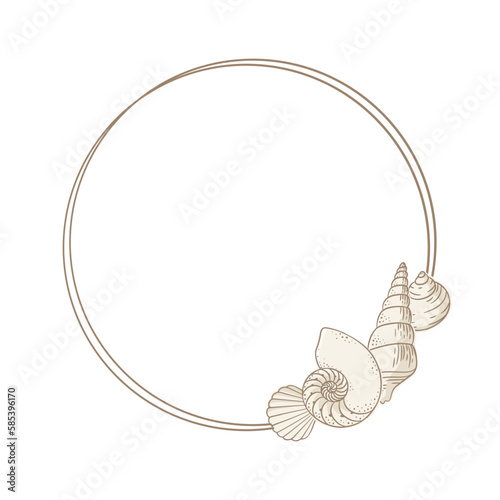 Round seashells frame. Sea and ocean design template. Vector illustration