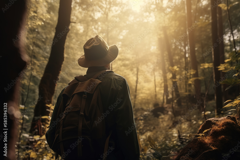 Adult male traveler in forest on sunny day, rear view of man in nature exploring. Trekking, hiking, tourism, active lifestyle concept. Generative AI