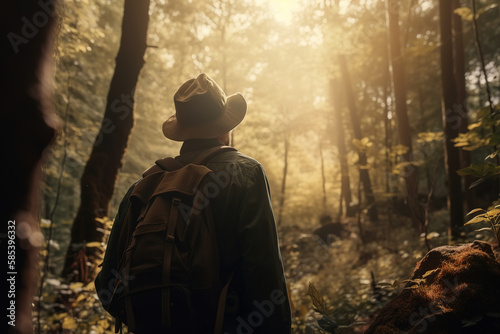 Adult male traveler in forest on sunny day, rear view of man in nature exploring. Trekking, hiking, tourism, active lifestyle concept. Generative AI © Sergio