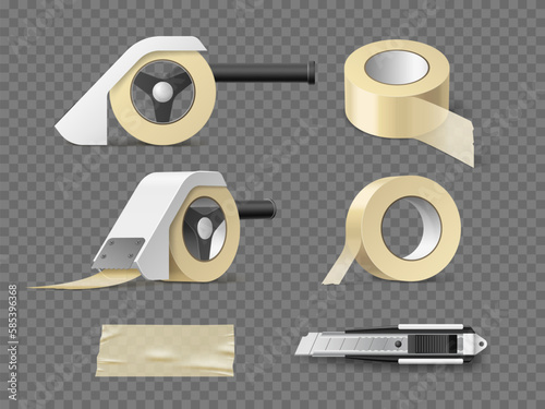 Realistic sticky tape with holder. Yellow self adhesive paper mounting tapes different angles view, various devices, mockup knife, roll fastener, 3d delivery packaging, utter vector set