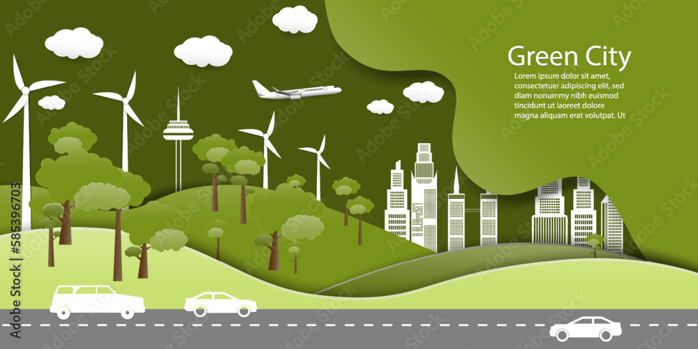 Green eco city on natural background.Ecology and environment conservation resource sustainable concept.Vector illustration.ESG  environmental social  Concept
