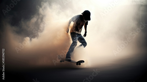 person with skateboard shrouded in smoke. generative AI 