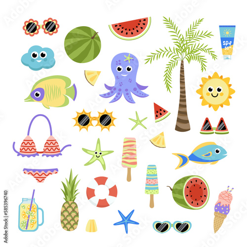 Summer set with cute beach elements. Flat, cartoon, vector