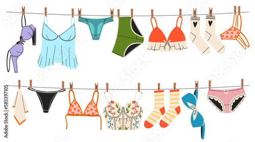 Underwear on ropes. Women panties and bras drying on clothesline, beautiful ladies lingerie, color female undergarment, colorful bikini and swimwear, tidy vector cartoon flat concept