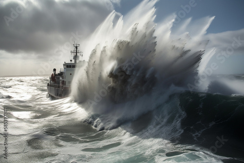 Generative AI of huge waves crushing a boat out in the ocean. 