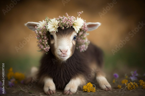 Generative AI of a cute baby goat with flower crown. 