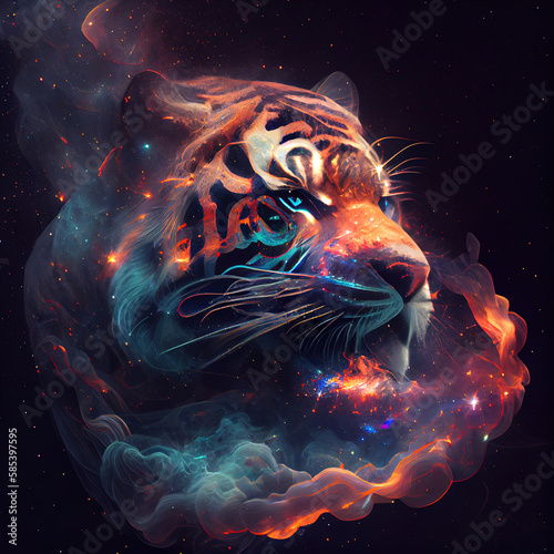 Tiger from Galaxies spirals space nebula stars smoke. AI render