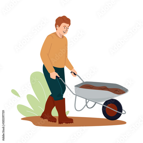 Cute boy pushing wheelbarrow with ground. Kid going with garden cart. Working in the vegetable garden in spring. Colored flat vector illustration isolated on white background