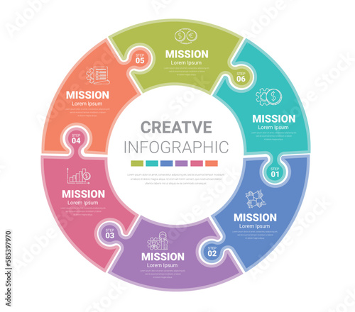 Circle infographics elements design with numbers 6 option, can be used for workflow layout, diagram.
