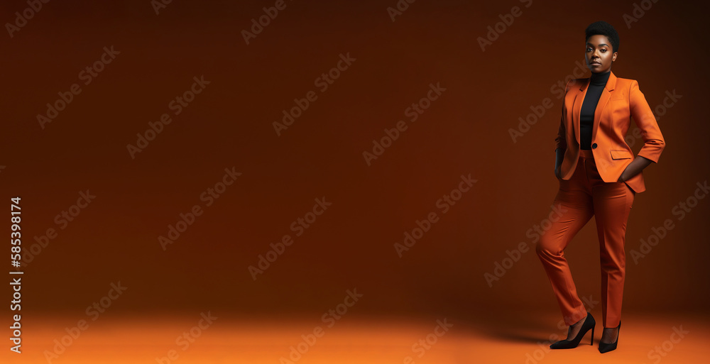 Women in a business suit standing on orange background with copy space for text. Black history month, ultra wide banner Generative ai	