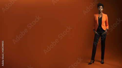 Women in a business suit standing on orange background with copy space for text. Black history month  ultra wide banner Generative ai 