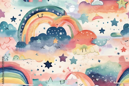 Boho kids' seamless pattern. Rainbows, stars, and hearts. Wallpaper, textile, print, packaging, baby room, and infant design. Generative AI