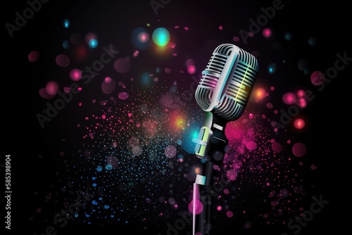Bright music poster with microphone of glitter place for text. Vector illustration, Generative AI