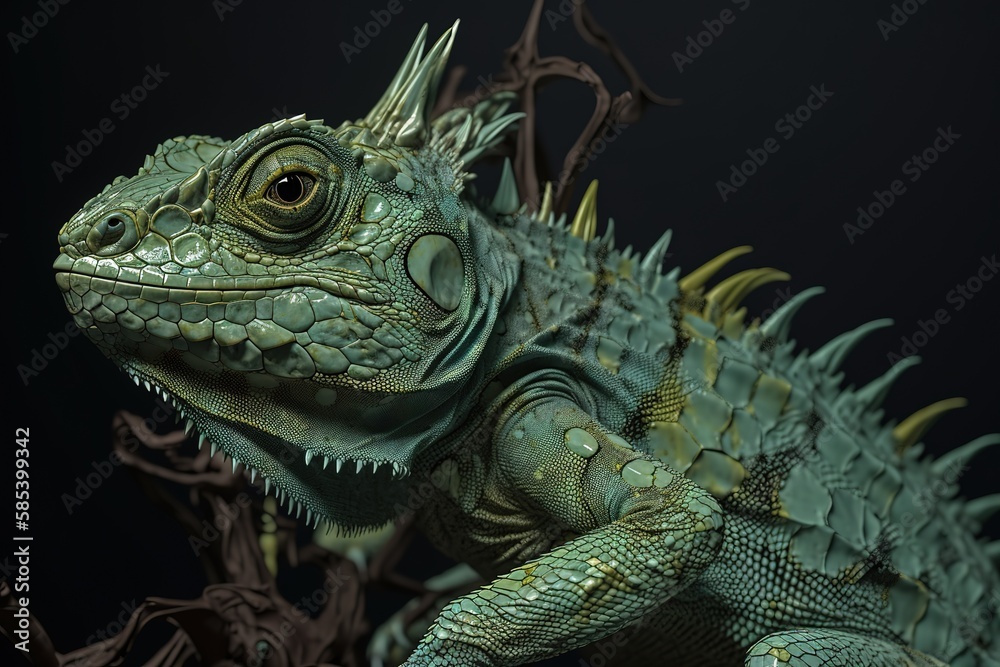Fototapeta premium Green Plumed Basilisk Lizard, Generative AI
