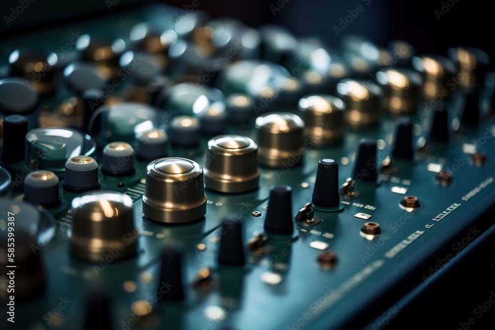 Od adjusters and red buttons of a mixing console. It is used for audio signals modifications to achieve the desired output. Applied in recording studios, broadcasting, television. , Generative AI Od adjusters and red buttons of a mixing console. It is used for audio signals modifications to achieve the desired output. Applied in recording studios, broadcasting, television. , Generative AI