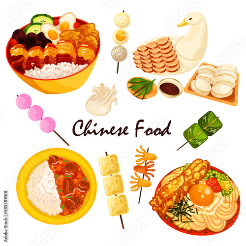 Chinese food set menu isolated on white background illustration vector. (Spring Rolls, Dim Sum, Wonton, Chow Mein, Sweet and Sour Chicken, Peking Duck).