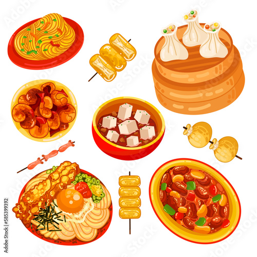 Chinese food set menu isolated on white background illustration vector. (Spring Rolls, Dim Sum, Wonton, Chow Mein, Sweet and Sour Chicken, Peking Duck).