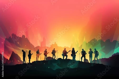Concert stage on rock festival  music instruments silhouettes  colorful background with copy space  Generative AI