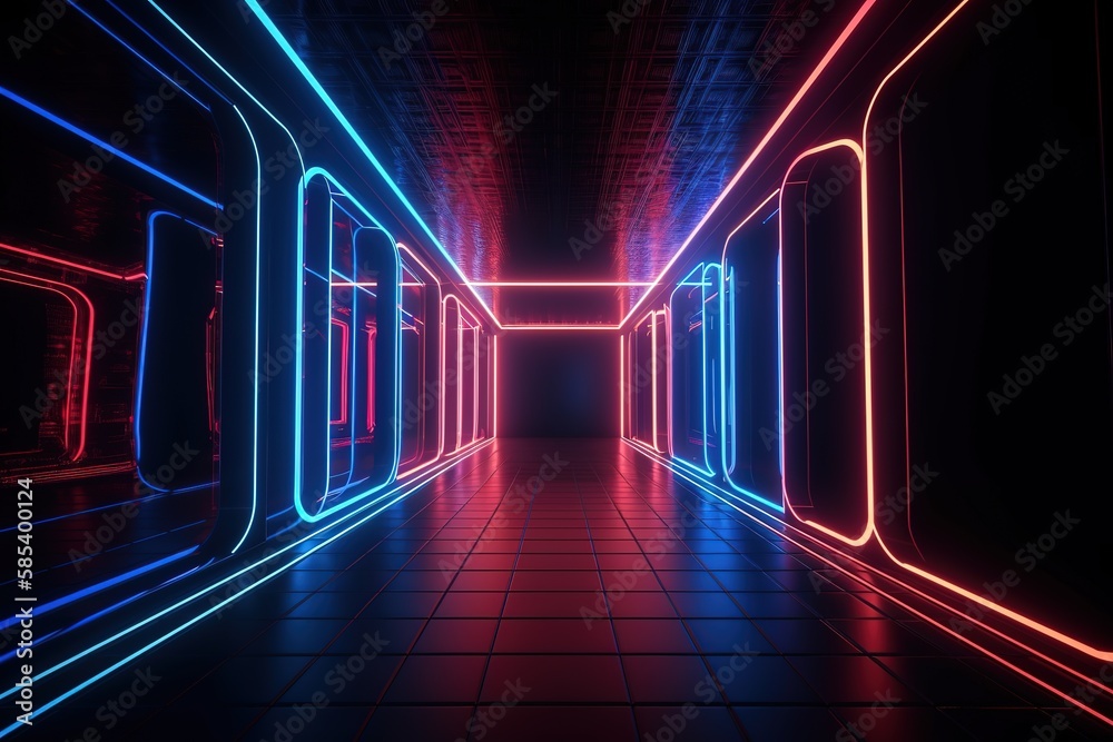3d render, red blue neon light, illuminated corridor, tunnel, empty space, ultraviolet light, 80's retro style, fashion show stage, abstract background, Generative AI