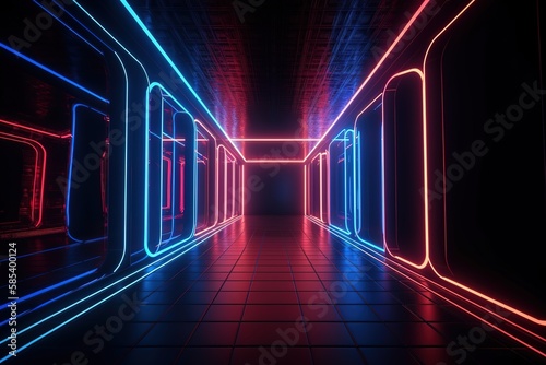 3d render, red blue neon light, illuminated corridor, tunnel, empty space, ultraviolet light, 80's retro style, fashion show stage, abstract background, Generative AI