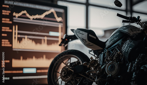 Stock chart with a strong rising and falling line with motorcycle at the dealership in background