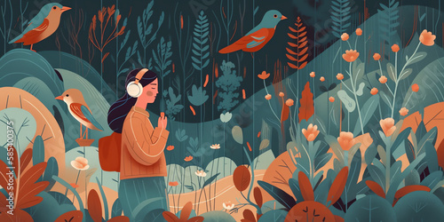 A person walking in a garden with eyes closed  listening to the sounds of nature. The illustration could show flowers  trees  and birds. practicing mindfulness meditation. Generative AI.