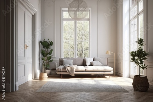 Nice sunlight room with a blank light gray wall between the living room entrance and the balcony door  macrame over the contemporary couch in the backdrop  and carpet on the parquet floor. Front