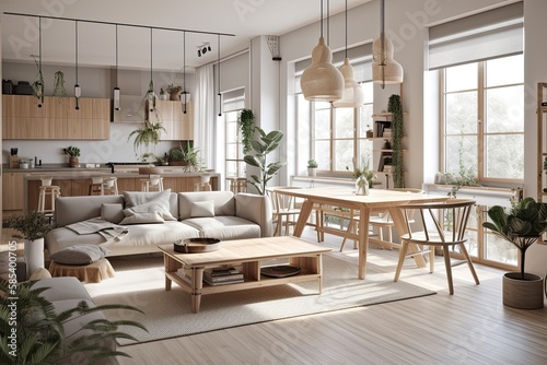 Scandinavian minimalism. Bright studio living  kitchen  and dining. Large modular couch  panoramic windows  and greenery. Generative AI