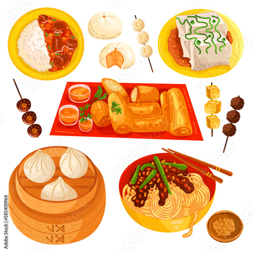 Chinese food set menu isolated on white background illustration vector. (Spring Rolls, Dim Sum, Wonton, Chow Mein, Sweet and Sour Chicken, Peking Duck).