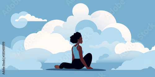 A person meditating on a cloud with a clear blue sky in background. cloud could have a thought bubble with positive affirmations or inspiring quotes. Generative AI. © TimeShops