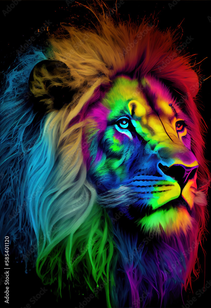 Rainbow Lion head print. ai render.