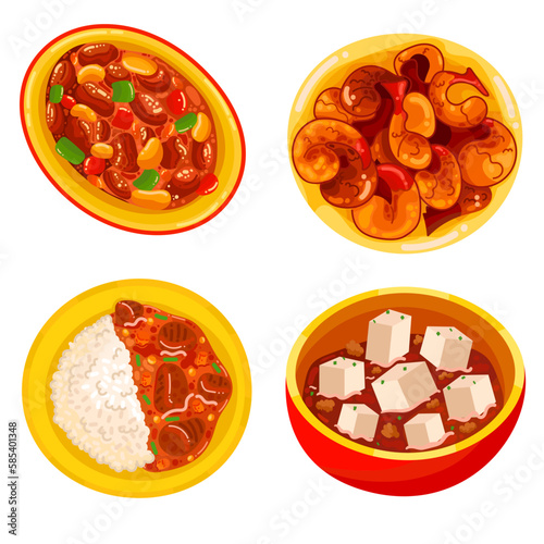 Chinese food set menu isolated on white background illustration vector. (Spring Rolls, Dim Sum, Wonton, Chow Mein, Sweet and Sour Chicken, Peking Duck).