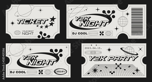 Retro party tickets template with futuristic elements. Y2k aesthetic design.
