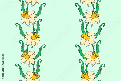 Floral wallpaper print. Seamless pattern with spring narcissus. Beautiful summer flowers background with flowing texture. Creative botany banner.