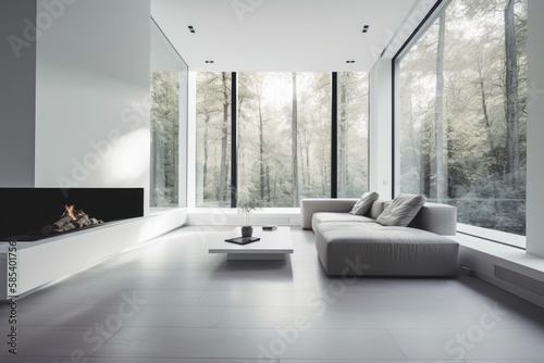 interior living room with brilliant clean white walls  open green forest outlook  and minimalist furniture. Generative AI