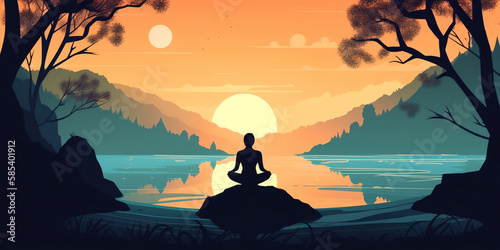 person practicing yoga, with sun rising or setting in background. person in various yoga poses, such as downward dog, warrior pose, and tree pose. meditation positive affirmations. Generative AI.