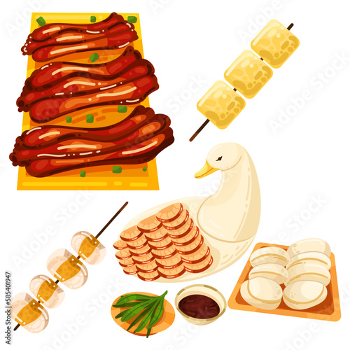 Chinese food set menu isolated on white background illustration vector. (Spring Rolls, Dim Sum, Wonton, Chow Mein, Sweet and Sour Chicken, Peking Duck).
