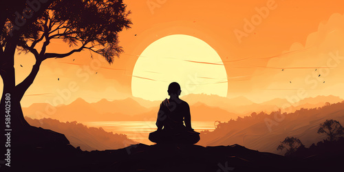 person practicing yoga  with sun rising or setting in background.  person in various yoga poses  such as downward dog  warrior pose  and tree pose. meditation positive affirmations. Generative AI.