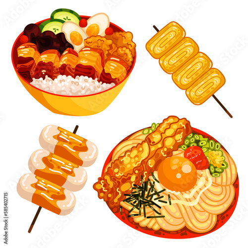Chinese food set menu isolated on white background illustration vector. (Spring Rolls, Dim Sum, Wonton, Chow Mein, Sweet and Sour Chicken, Peking Duck).