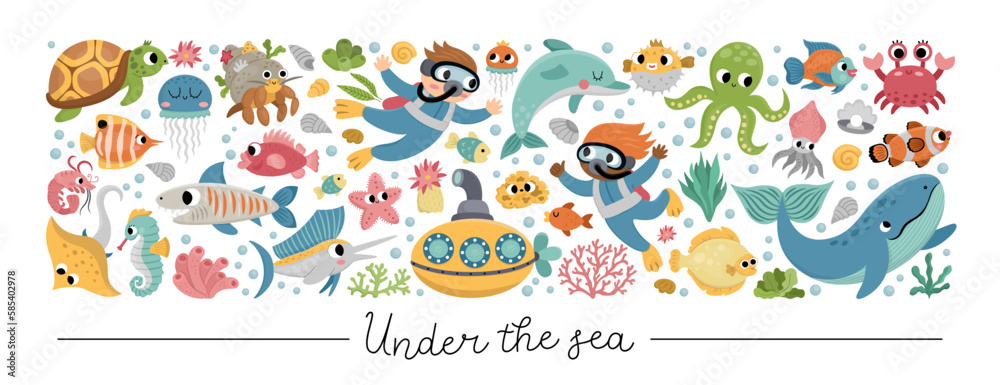 Vector under the sea horizontal set with divers, submarine, animals, weeds. Ocean card template or frame design for banners, invitations. Cute illustration with dolphin, whale, tortoise, octopus .