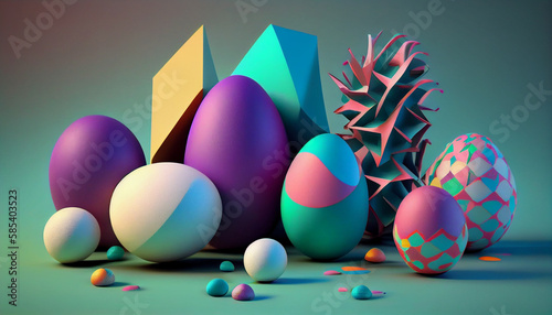 Easter eggs in a dynamic 3D abstract background: pastel colors, liquify effect, soft lighting, reflective surfaces, subtle textures, 8K detail