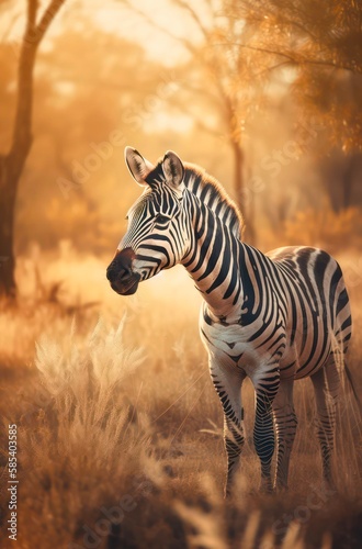 Zebra is walking across savanna under sunlight. Generative AI.